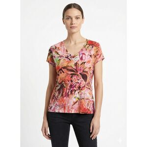 Chico's Abstract Floral V-Neck Short Sleeve Top Size 2 L Coastal Grandma